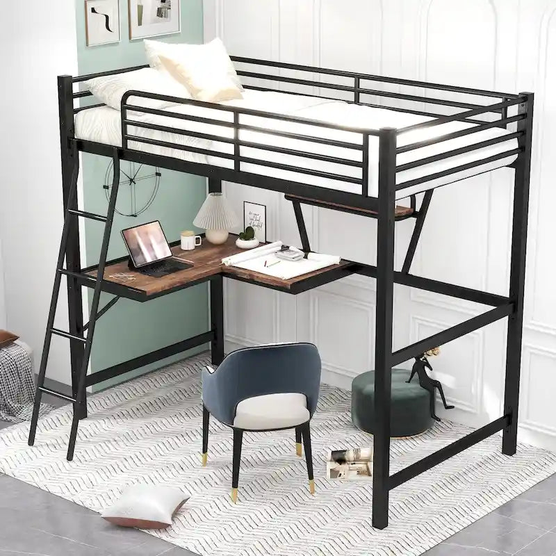 Twin Metal Loft Bed with Desk, Shelf, and Full Guardrails