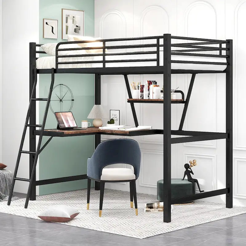 Twin Size Loft Metal & MDF Bed with Desk and Shelf