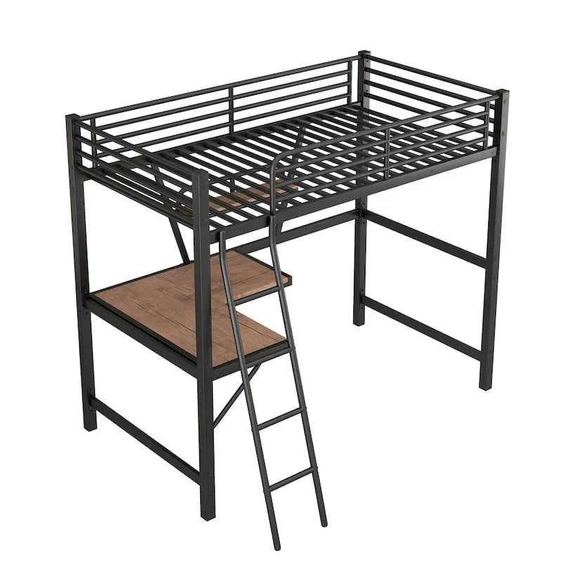 Twin Metal Loft Bed with Desk, Shelf, and Full Guardrails