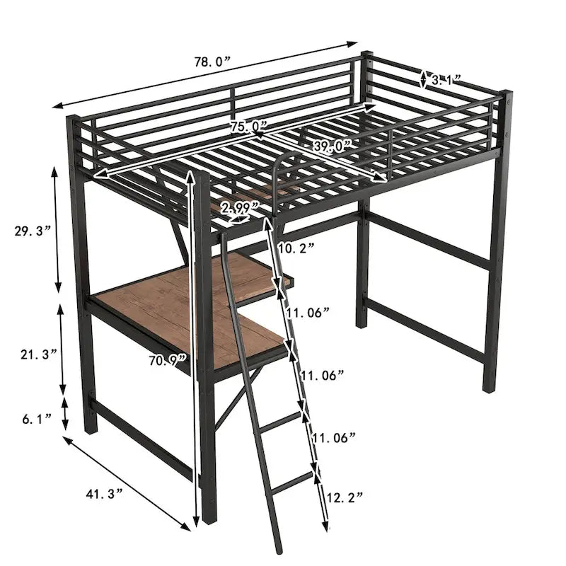 Twin Metal Loft Bed with Desk, Shelf, and Full Guardrails