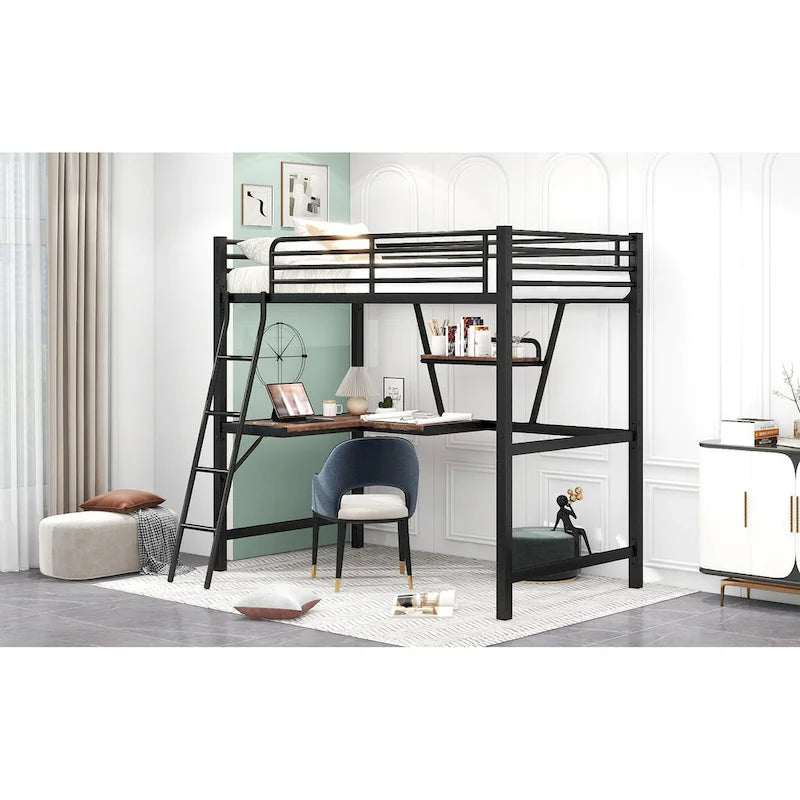Twin Metal Loft Bed with Desk, Shelf, and Full Guardrails