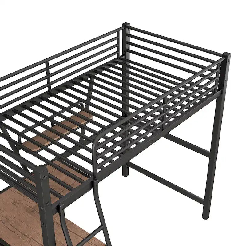 Twin Metal Loft Bed with Desk, Shelf, and Full Guardrails