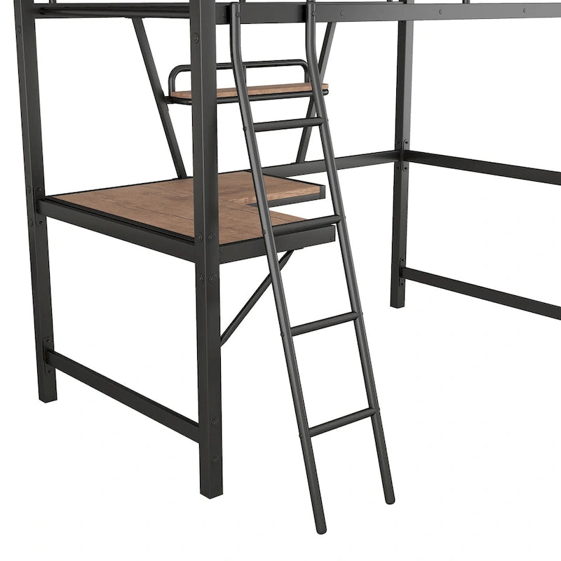 Twin Metal Loft Bed with Desk, Shelf, and Full Guardrails