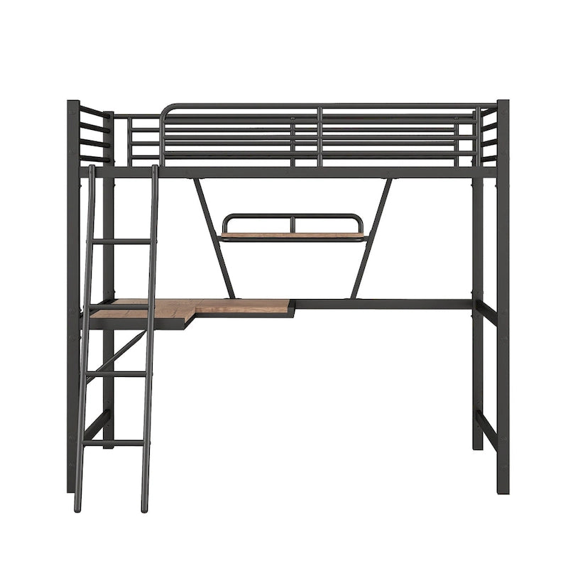 Twin Metal Loft Bed with Desk, Shelf, and Full Guardrails