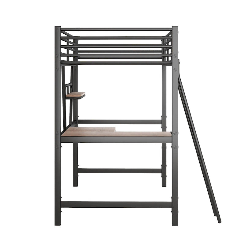 Twin Metal Loft Bed with Desk, Shelf, and Full Guardrails