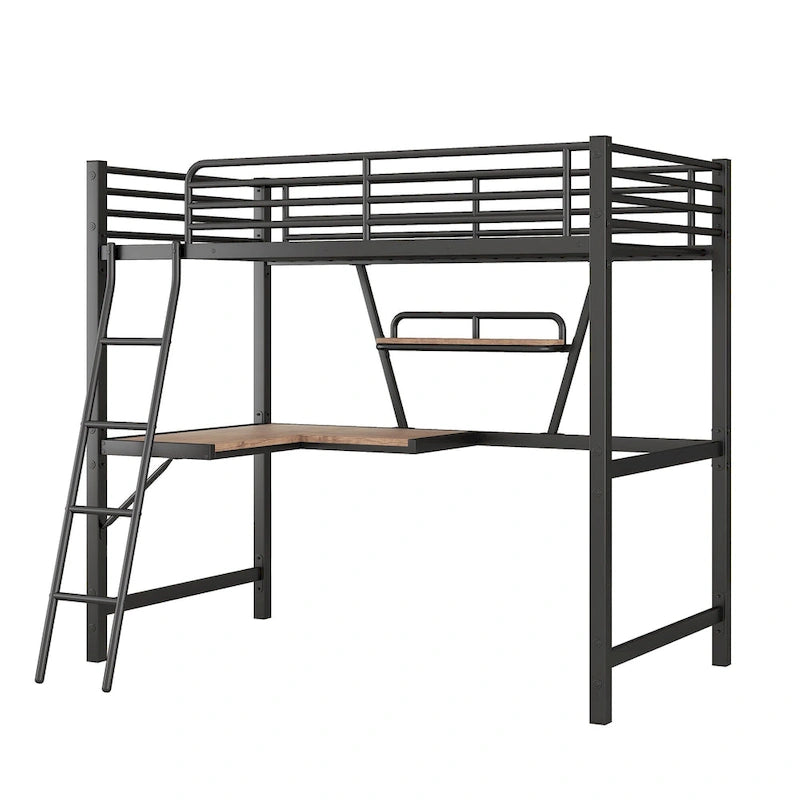 Twin Metal Loft Bed with Desk, Shelf, and Full Guardrails