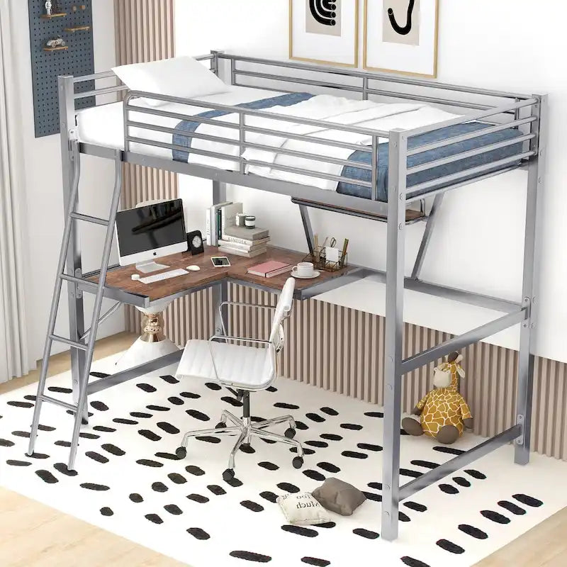 Twin Metal Loft Bed with Desk, Shelf, and Full Guardrails