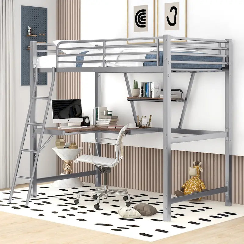 Twin Metal Loft Bed with Desk, Shelf, and Full Guardrails