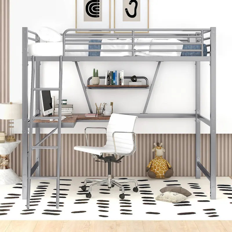 Twin Metal Loft Bed with Desk, Shelf, and Full Guardrails