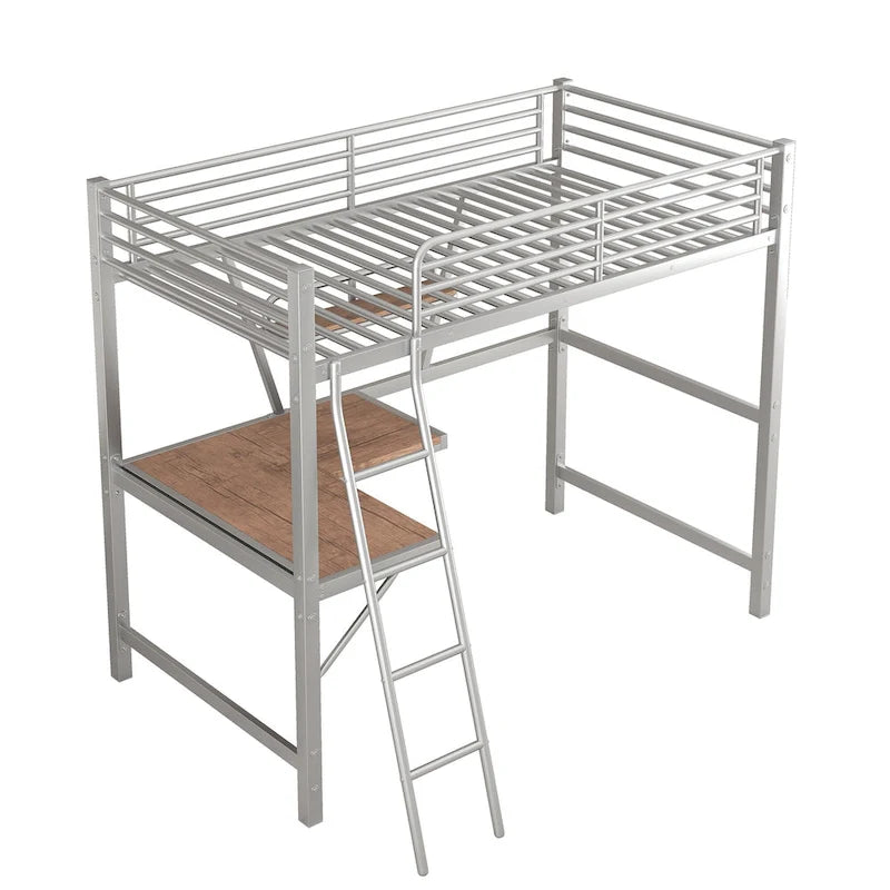 Twin Metal Loft Bed with Desk, Shelf, and Full Guardrails