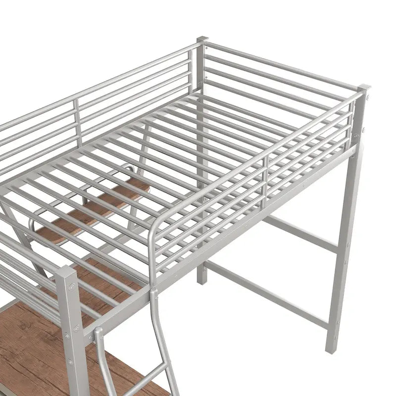 Twin Metal Loft Bed with Desk, Shelf, and Full Guardrails