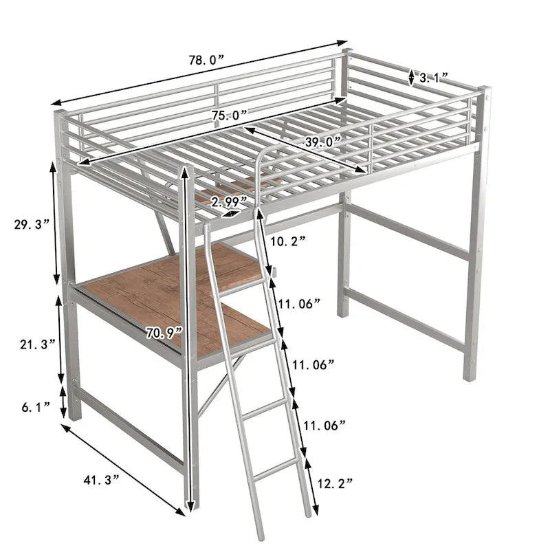 Twin Metal Loft Bed with Desk, Shelf, and Full Guardrails