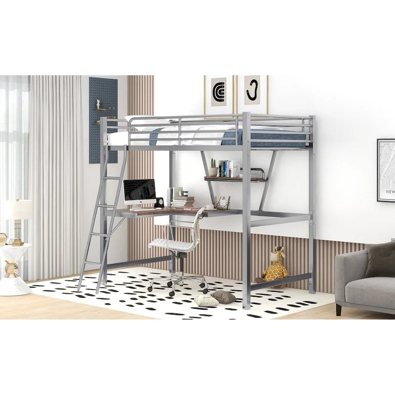 Twin Metal Loft Bed with Desk, Shelf, and Full Guardrails