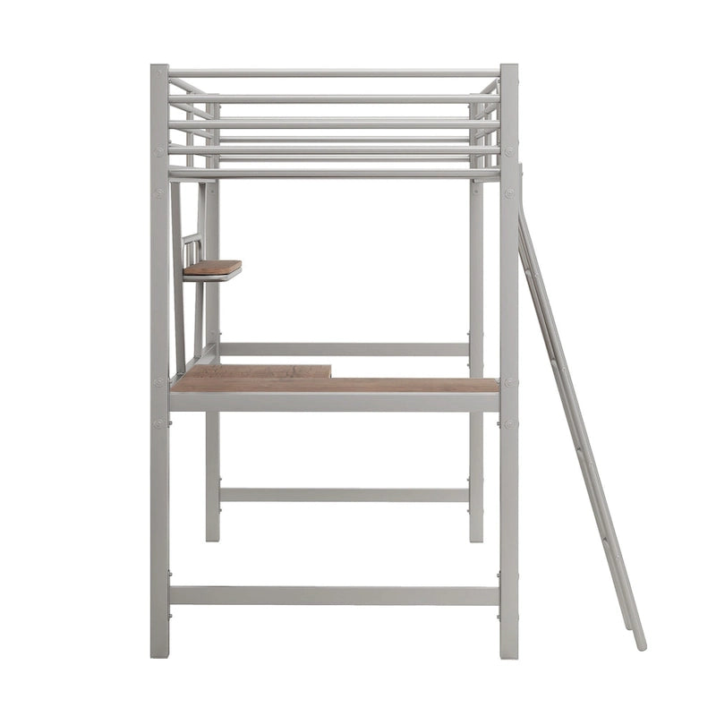 Twin Metal Loft Bed with Desk, Shelf, and Full Guardrails
