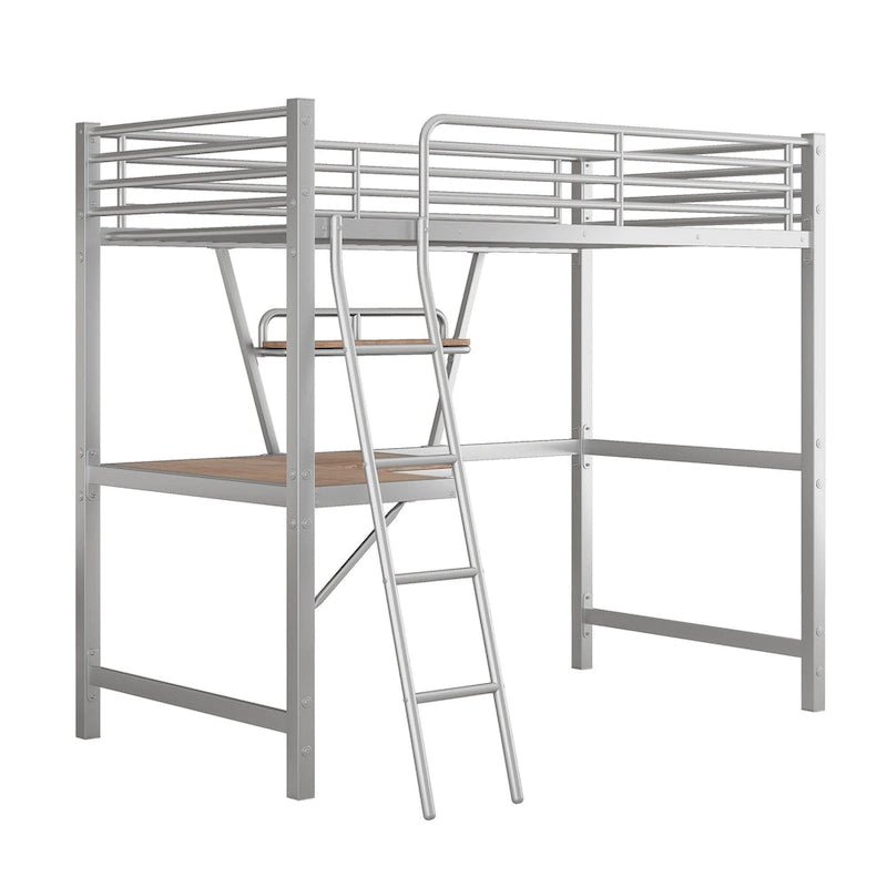 Twin Metal Loft Bed with Desk, Shelf, and Full Guardrails
