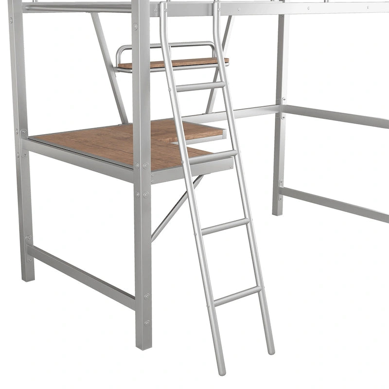 Twin Metal Loft Bed with Desk, Shelf, and Full Guardrails