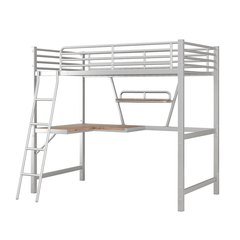 Twin Metal Loft Bed with Desk, Shelf, and Full Guardrails