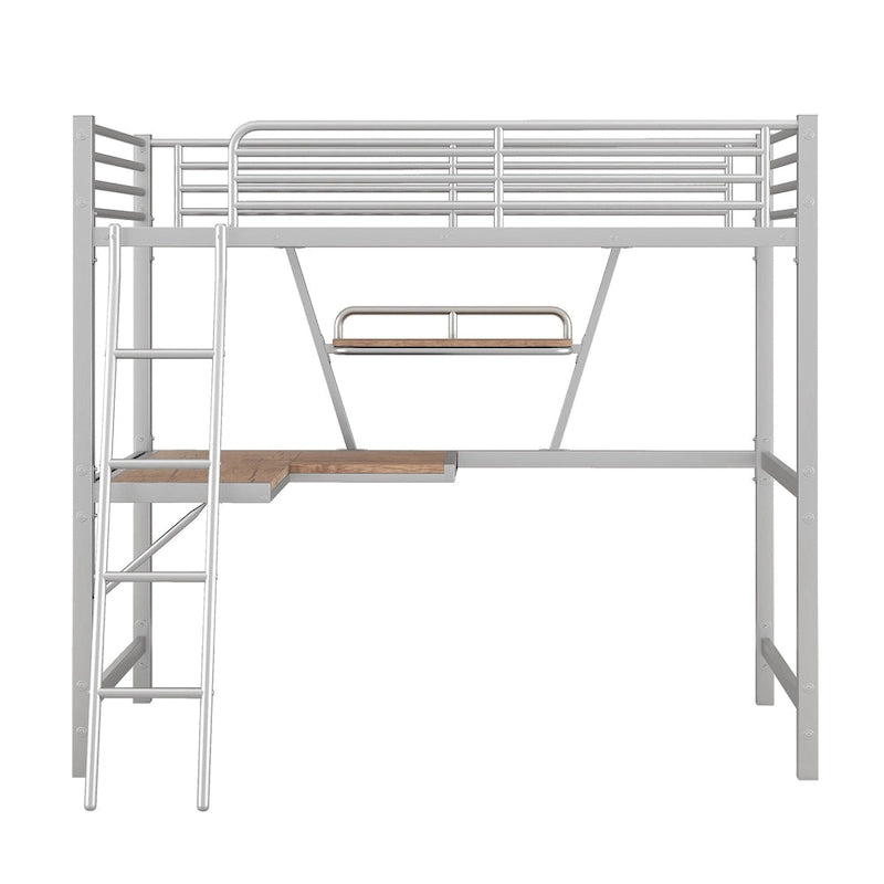 Twin Metal Loft Bed with Desk, Shelf, and Full Guardrails
