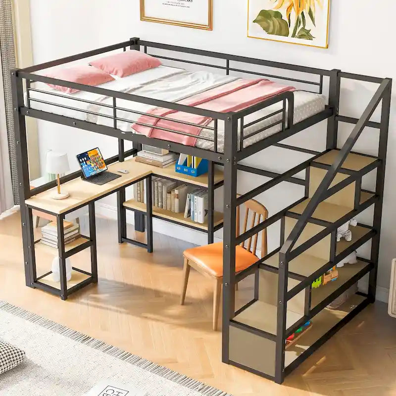 Full Metal Loft Bed with Staircase, Guardrails, and Built-in Desk