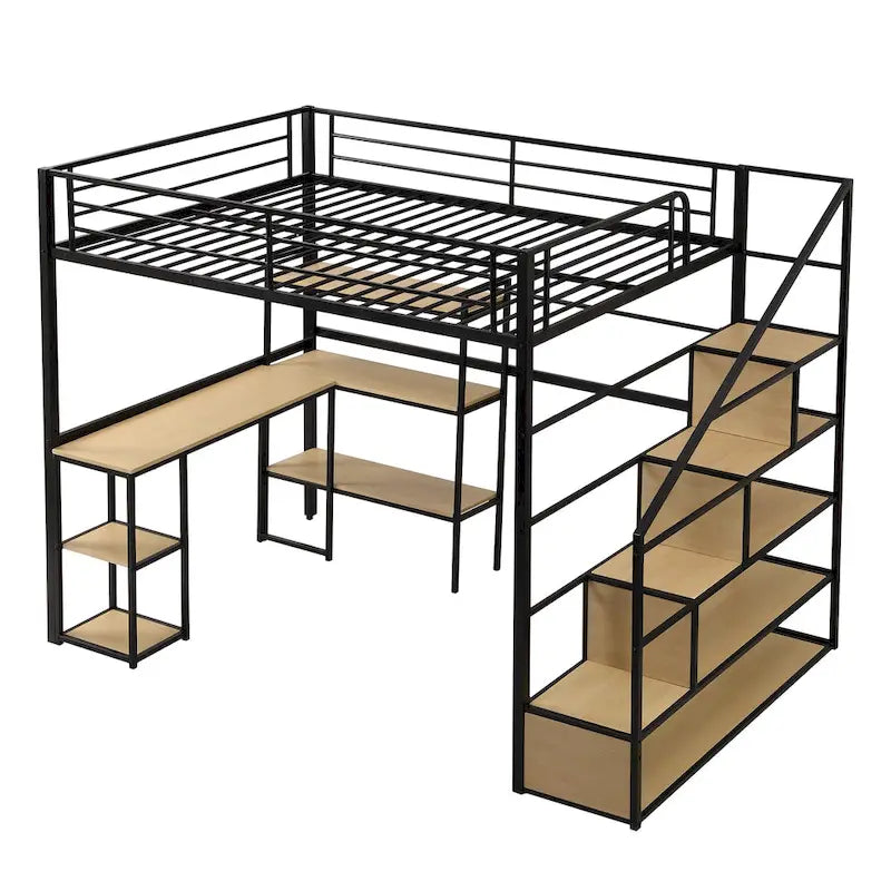 Full Size Loft Bed w/Staircase, Full-Length Guardrails, Built-in Desk