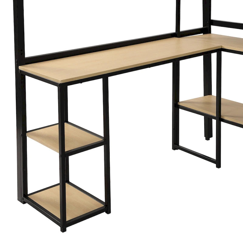 Full Metal Loft Bed with Staircase, Guardrails, and Built-in Desk