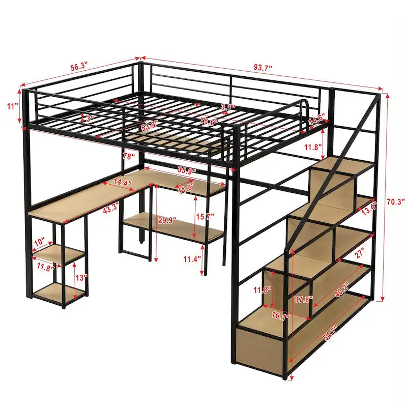 Full Metal Loft Bed with Staircase, Guardrails, and Built-in Desk