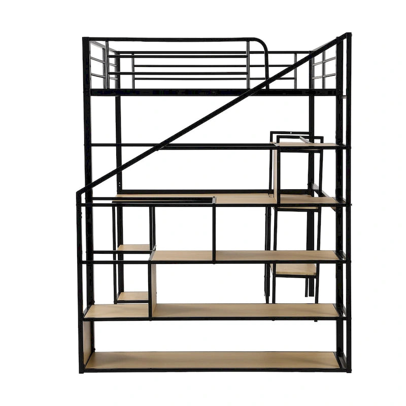 Full Metal Loft Bed with Staircase, Guardrails, and Built-in Desk