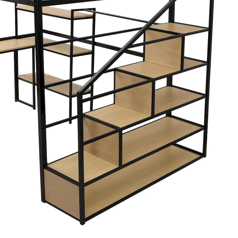 Full Metal Loft Bed with Staircase, Guardrails, and Built-in Desk