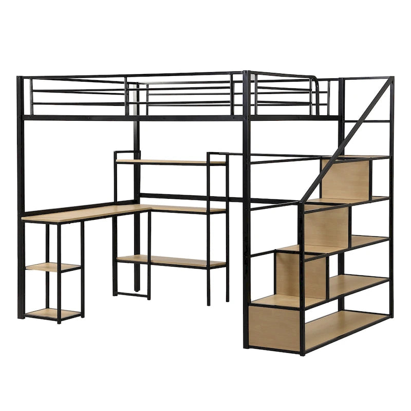 Full Metal Loft Bed with Staircase, Guardrails, and Built-in Desk