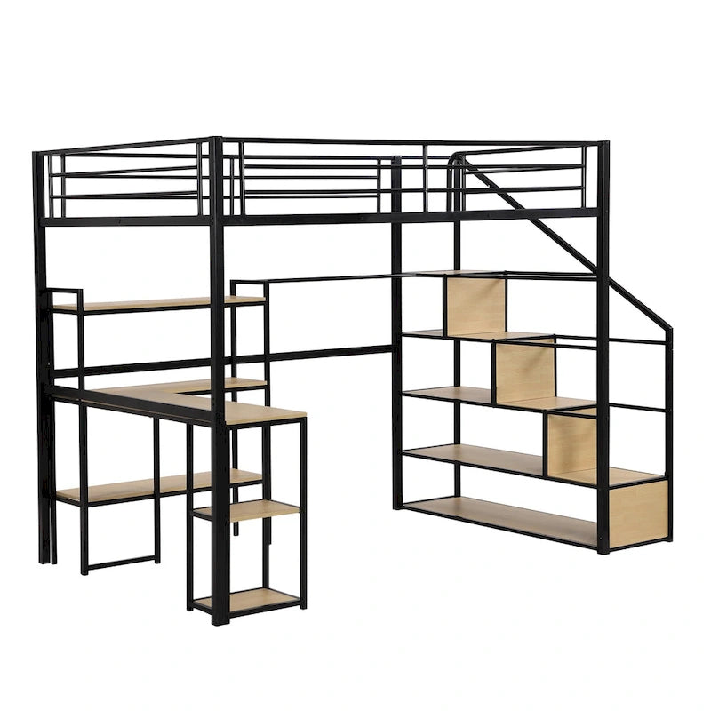 Full Metal Loft Bed with Staircase, Guardrails, and Built-in Desk