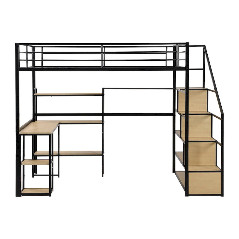 Full Metal Loft Bed with Staircase, Guardrails, and Built-in Desk