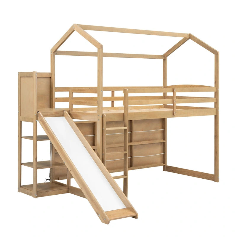 Twin Loft Bed w/Slide, Ladder, Wood Loft Bed w/Storage Shelves, Light