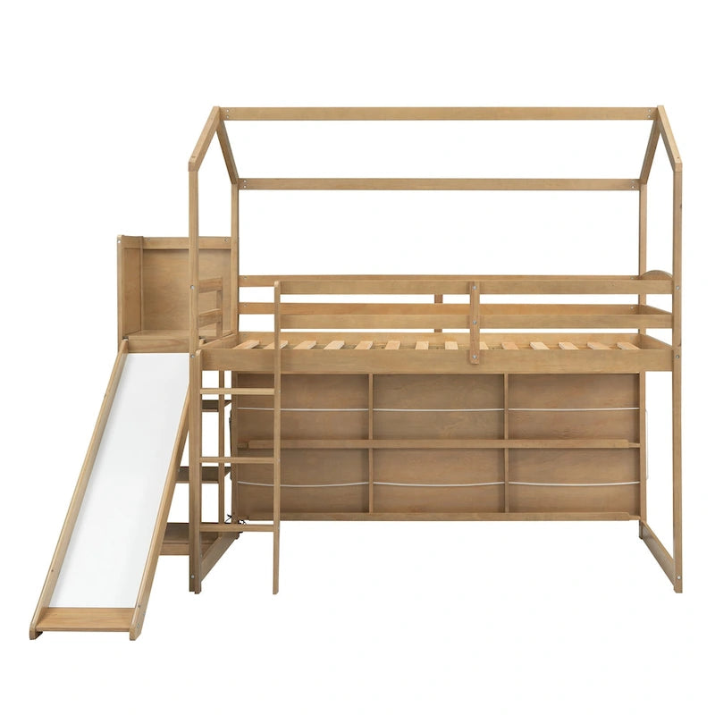 Twin Wood Loft Bed with Slide, Storage Shelves, Light, and Trundle