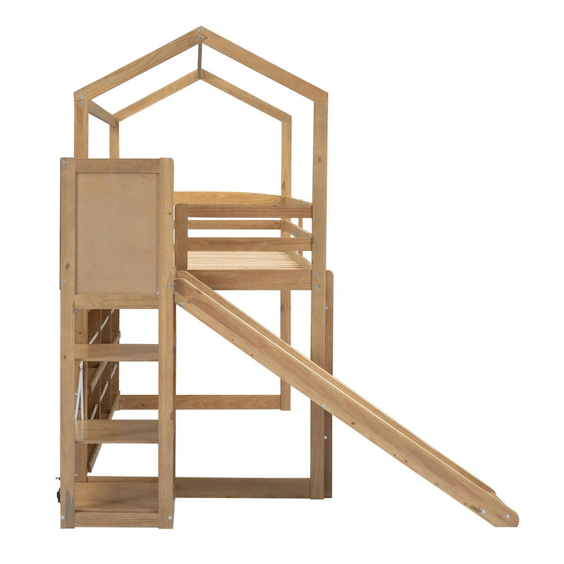 Twin Wood Loft Bed with Slide, Storage Shelves, Light, and Trundle