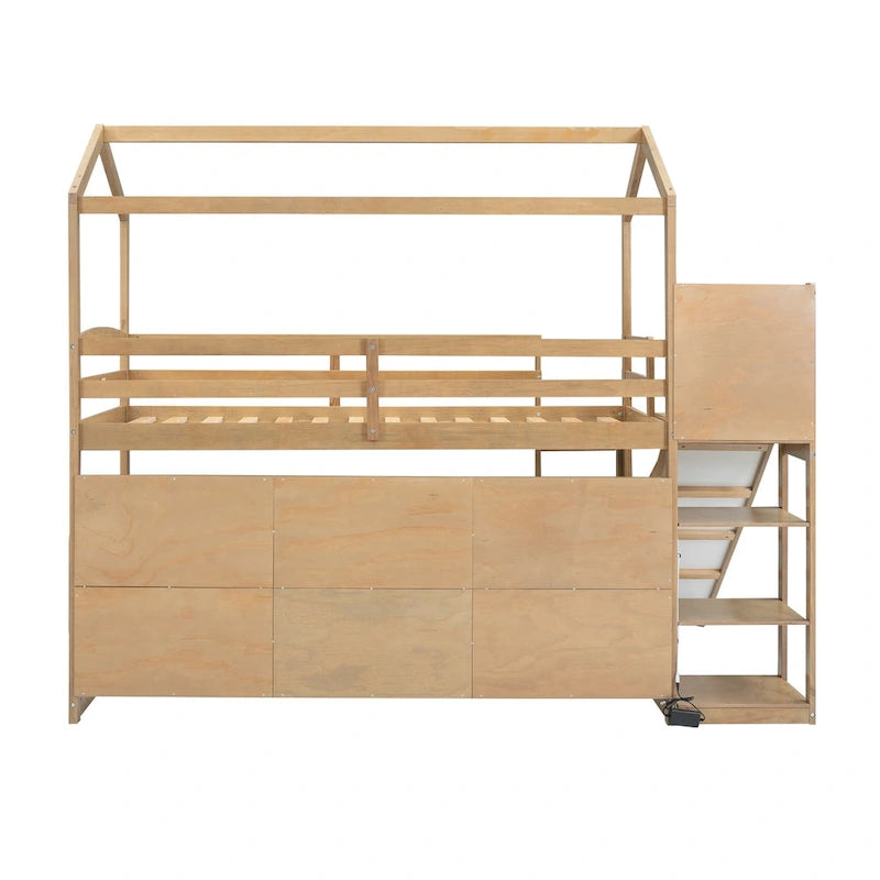 Twin Wood Loft Bed with Slide, Storage Shelves, Light, and Trundle