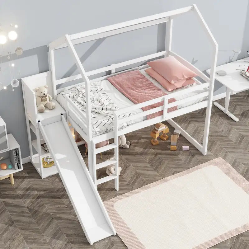 Twin Wood Loft Bed with Slide, Storage Shelves, Light, and Trundle