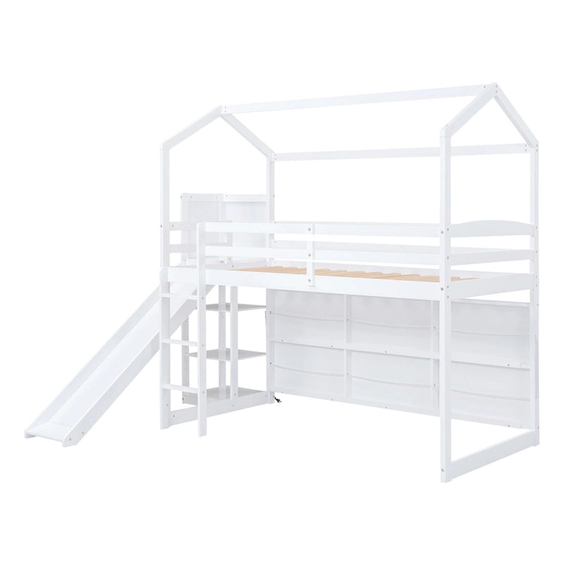 Twin Wood Loft Bed with Slide, Storage Shelves, Light, and Trundle