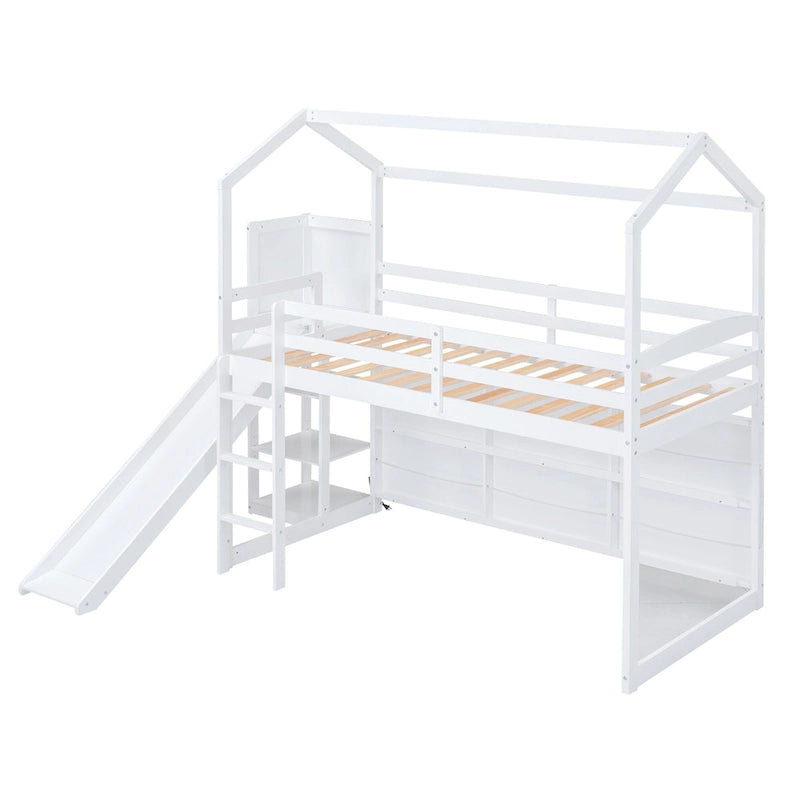 Twin Wood Loft Bed with Slide, Storage Shelves, Light, and Trundle