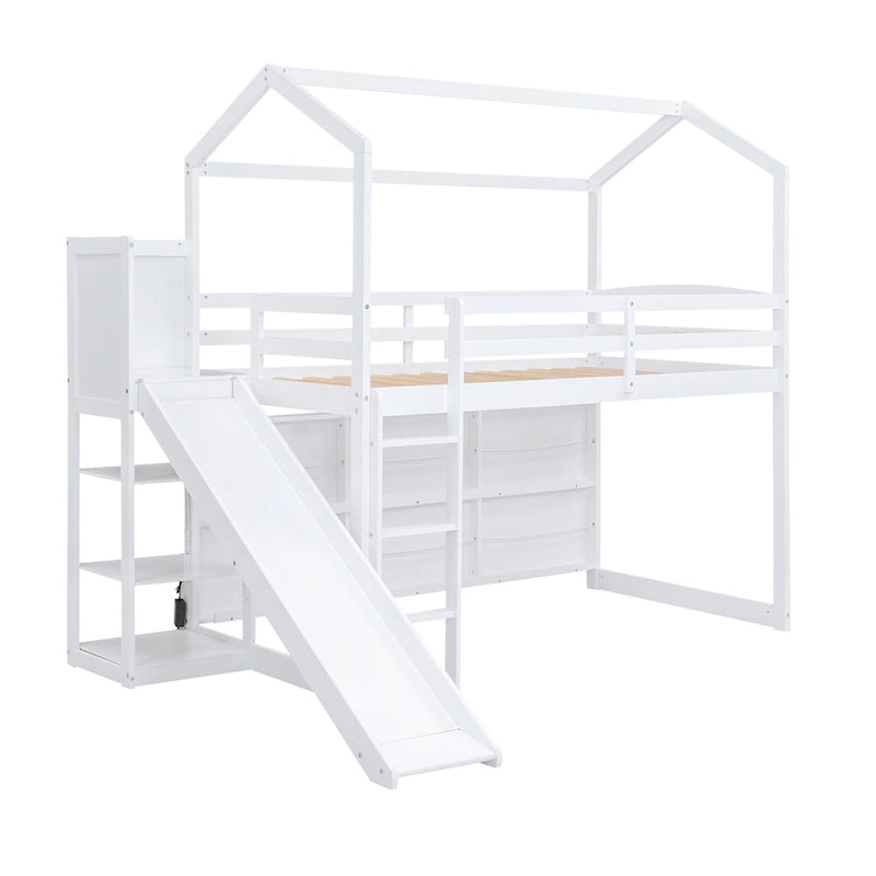 Twin Wood Loft Bed with Slide, Storage Shelves, Light, and Trundle