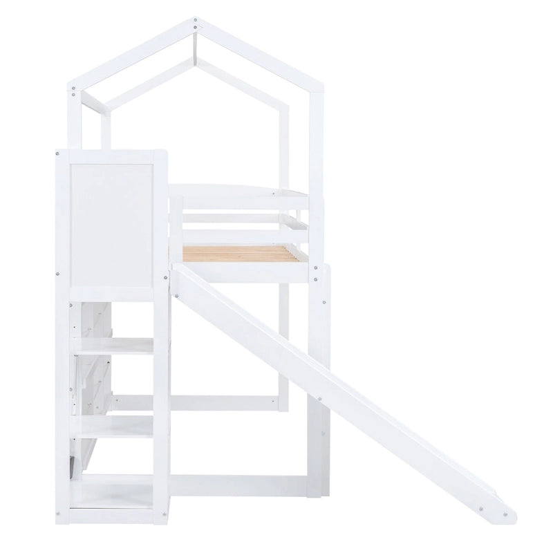Twin Wood Loft Bed with Slide, Storage Shelves, Light, and Trundle