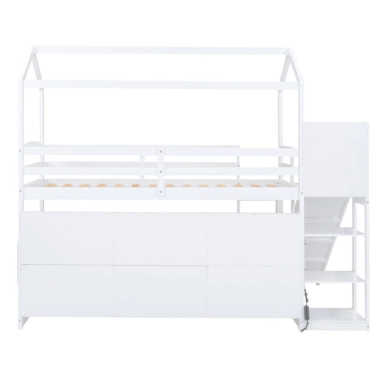 Twin Wood Loft Bed with Slide, Storage Shelves, Light, and Trundle