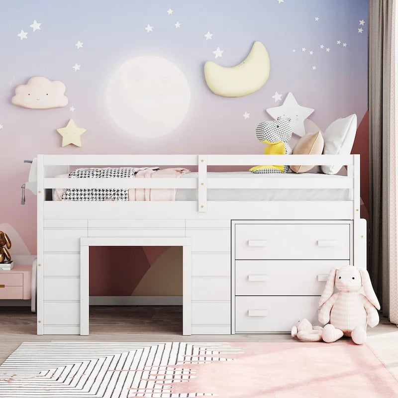 Twin Loft Bed with Cabinet and Shelf, White
