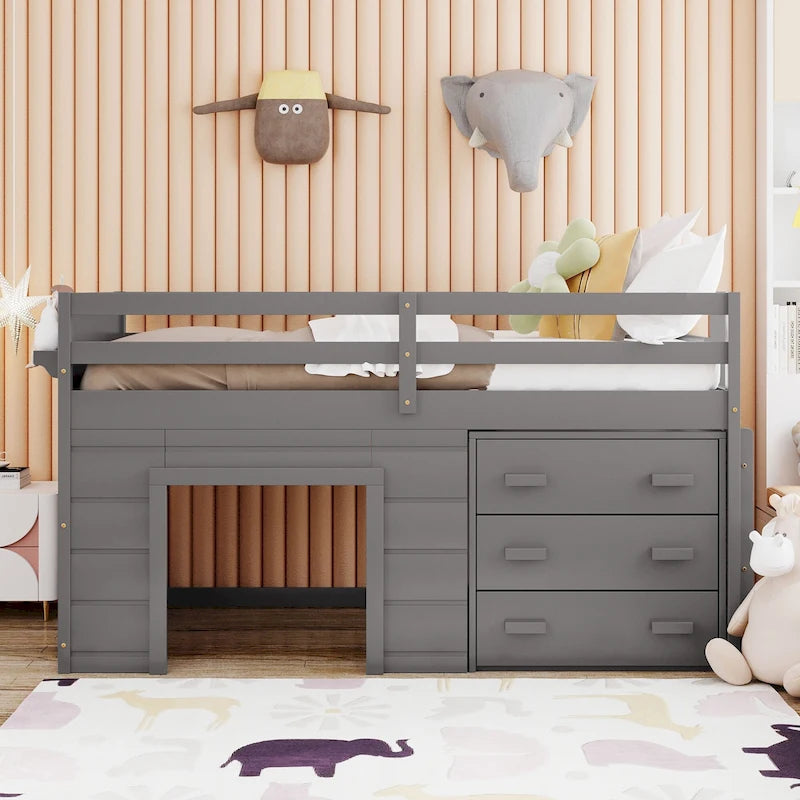 Twin Loft Bed with Cabinet and Shelf, White