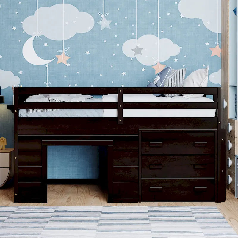 Twin Loft Bed with Cabinet and Shelf, White