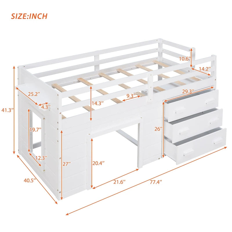 Twin Size Loft Bed with Cabinet and Shelf - White