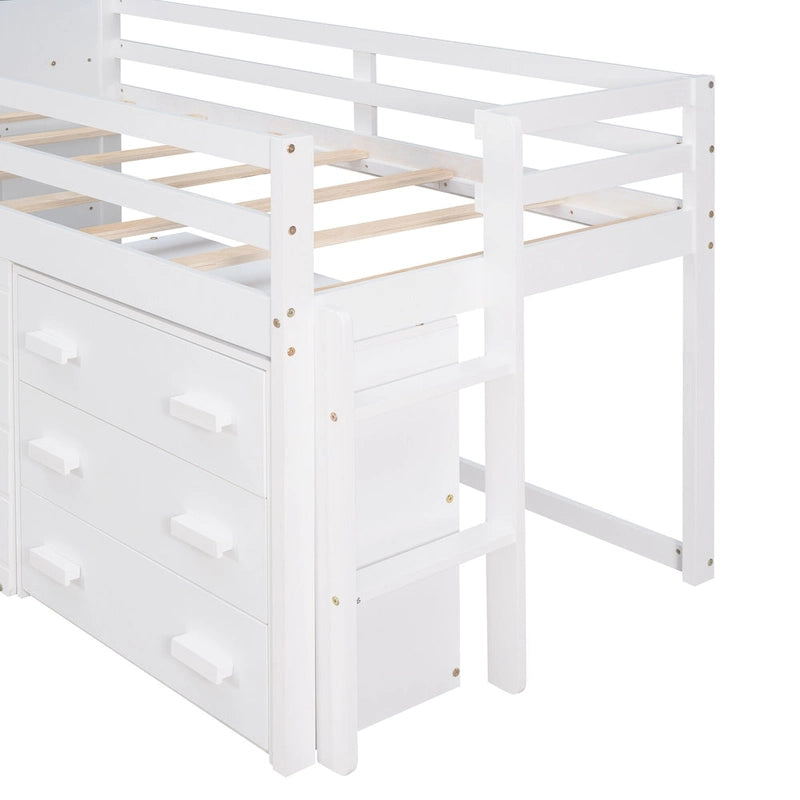Twin Loft Bed with Cabinet and Shelf, White