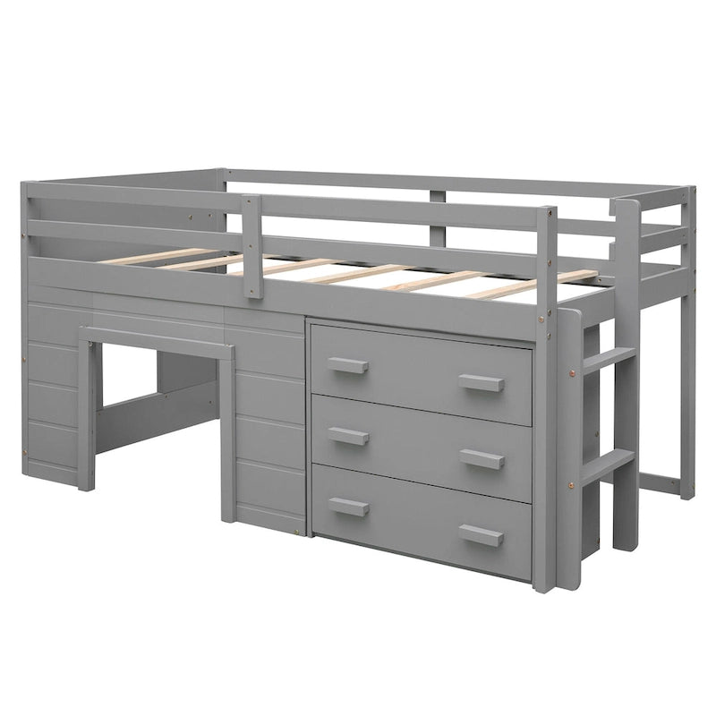 Twin Loft Bed with Cabinet and Shelf, White