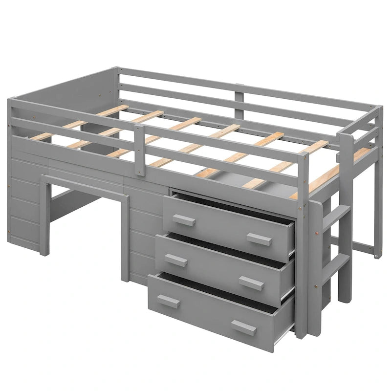 Twin Loft Bed with Cabinet and Shelf, White
