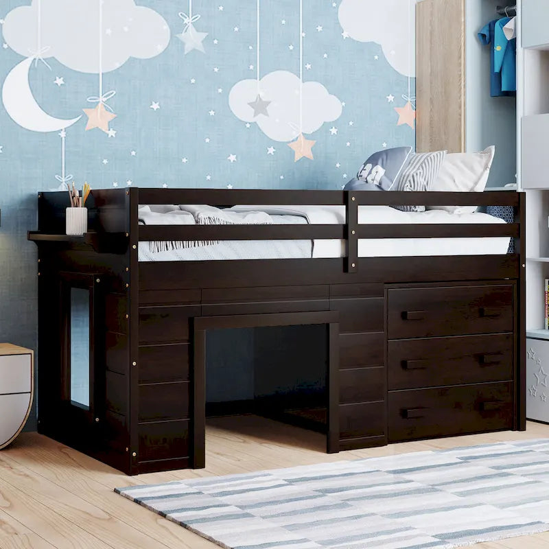 Twin Loft Bed with Cabinet and Shelf, White