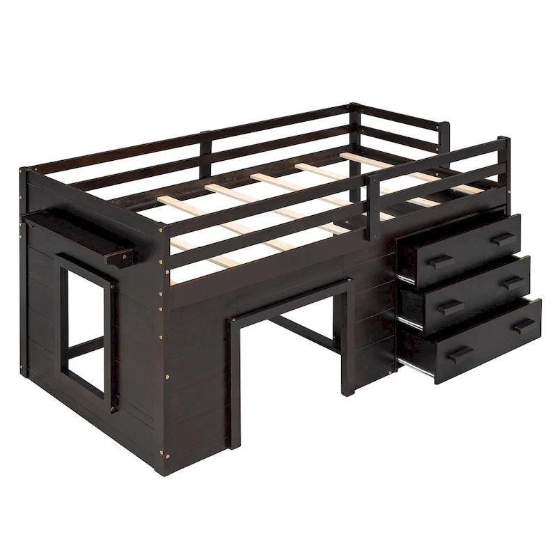 Twin Loft Bed with Cabinet and Shelf, White